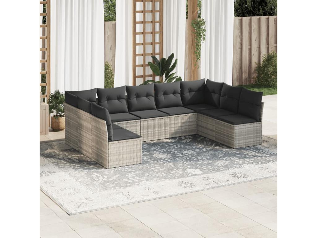Salon de jardin 9 pièces avec coussins gris clair résine tressée BPTB82216