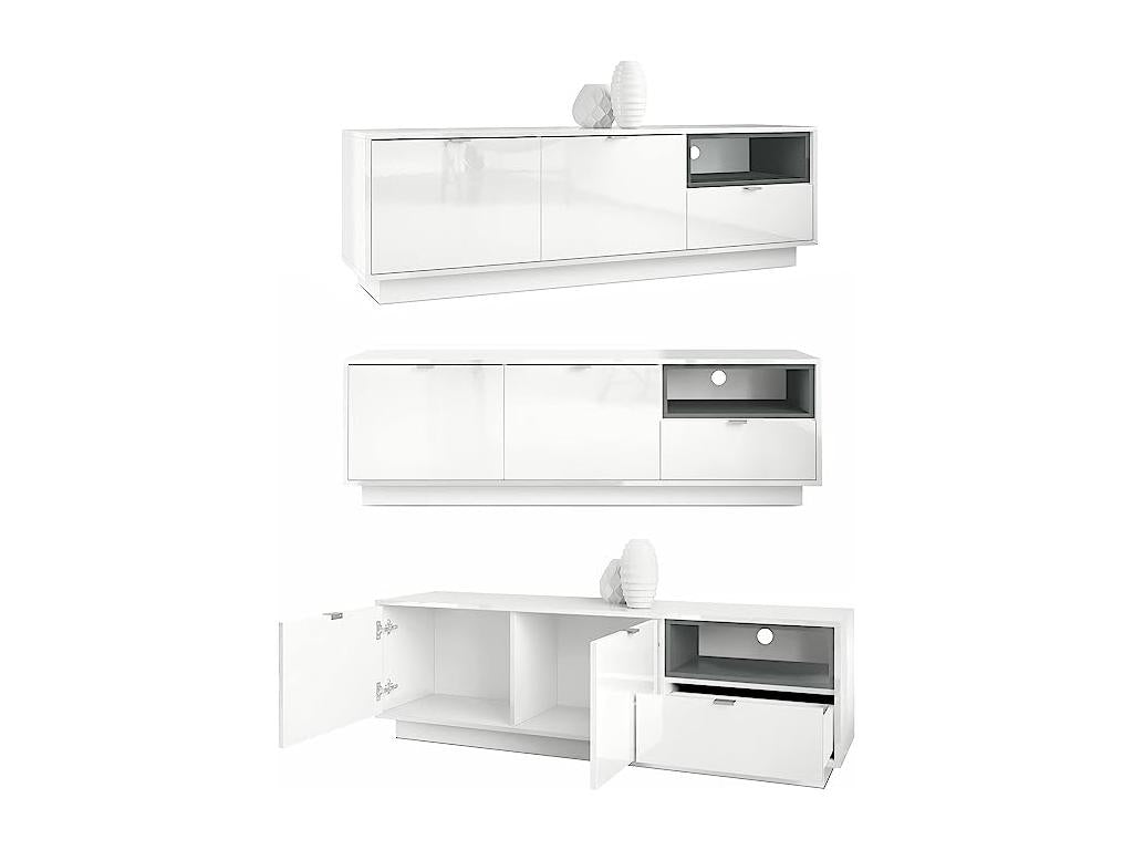 Meuble TV 153 Cm Laqué Blanc Avec Insertion Aspect Chêne Nature lxhxp 153x48x38 GBZL67840