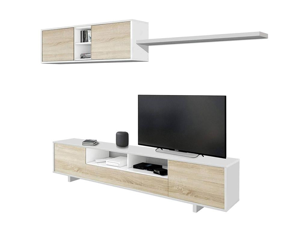 Système mural Artigeo meuble TV composition d'ensemble de salon ensemble de salon avec élément mural 260x41h46 cm blanc brillant et chêne NZHN73970