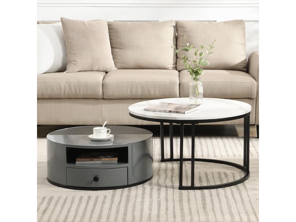 Lot de 2 tables gigognes - aspect marbre en PVC - 1 tiroir et 1 niche - gris AVMJ11606