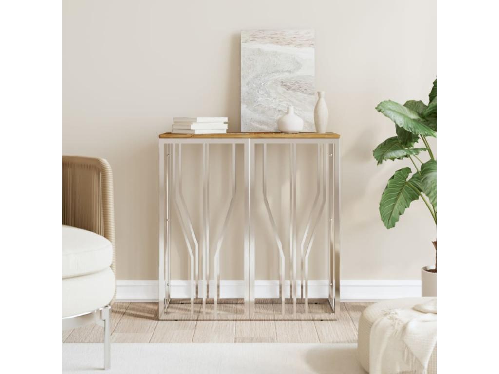 Table console argenté acier inoxydable/bois massif récupération YWOS22887