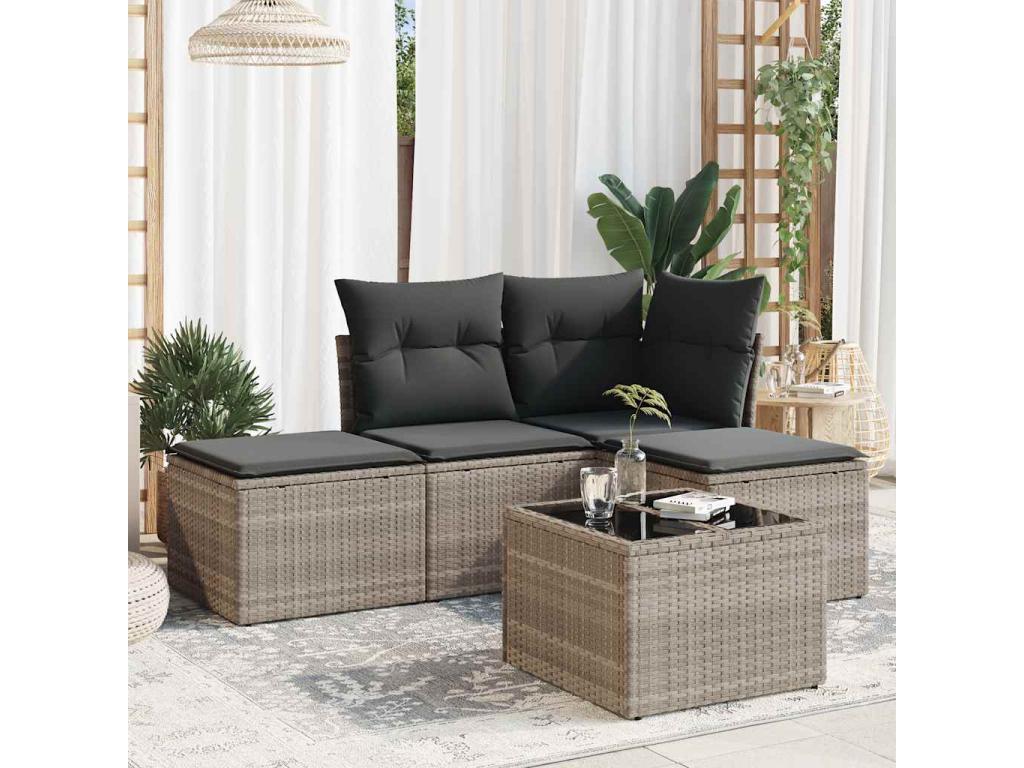 Salon de jardin 5 pièces avec coussins gris clair résine tressée AIRE00430