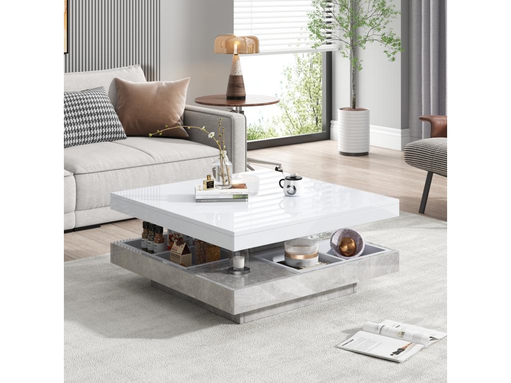 Table basse carrée avec 4 compartiments et plateau pivotant - 70x70x36 cm - Panneaux de particules - Blanc PGSA79648