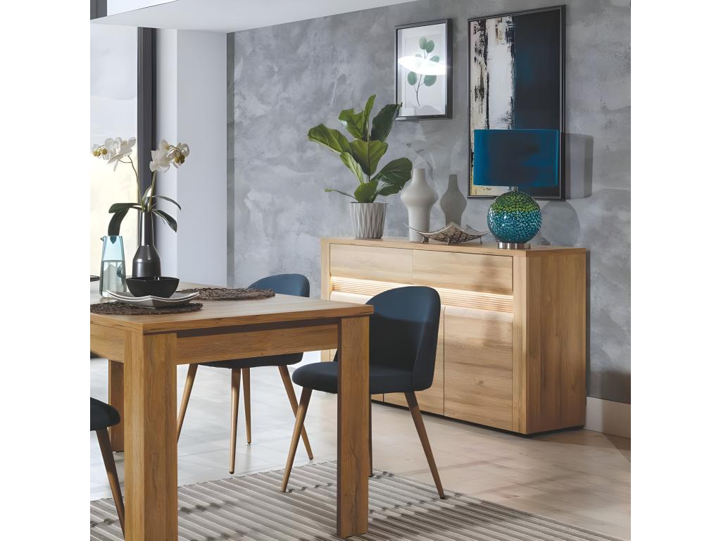 Buffet 3 portes battantes 2 tiroirs Chêne à LED - Cosymeub - L 150 x l 40 x H 86 cm EAIG18065