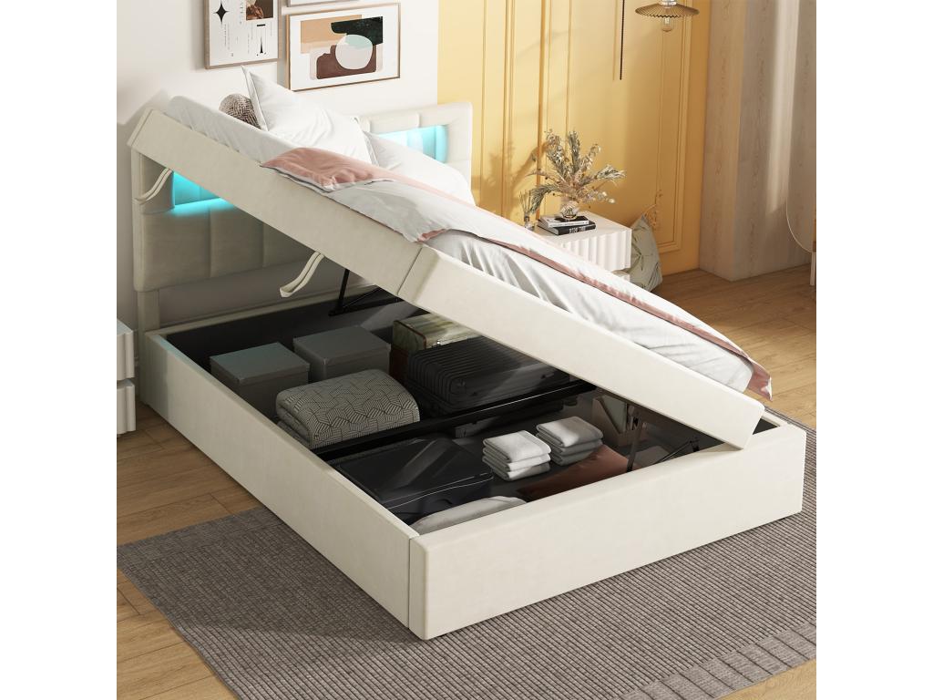 Lit rembourré 90x200 cm Artigeoère d'Artigeo au chevet S'ouvre d'un côté Tête de lit réglable Velours Beige WVOY11004