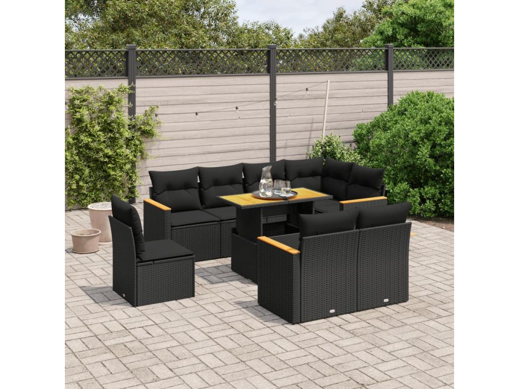 Salon de jardin 9 pcs avec coussins noir résine tressée CXBA79966