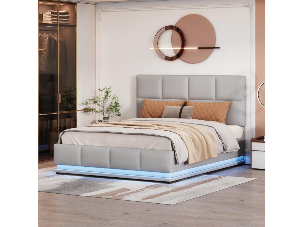 Lit coffre 140x200 cm - Lit doub LED capitonné relevable hydraulique avec sommier à Artigeo tête de lit simili cuir PU - Gris RYCL70111