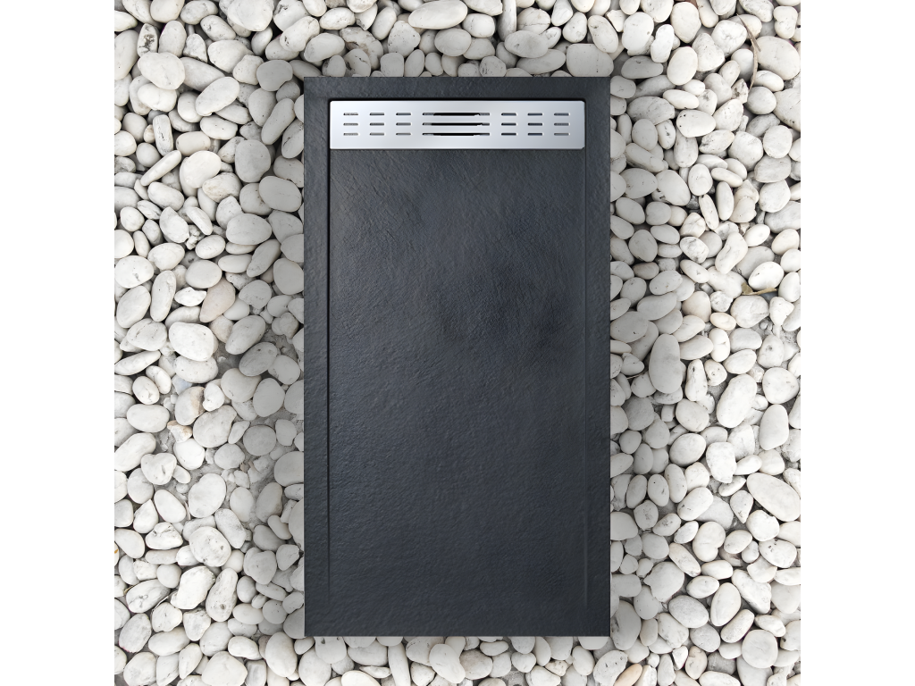 Receveur de douche 80x155 cm avec grille latérale Artigeo Extra Slim noir en résine synthétique et poudre de marbre avec drain WZNE87487