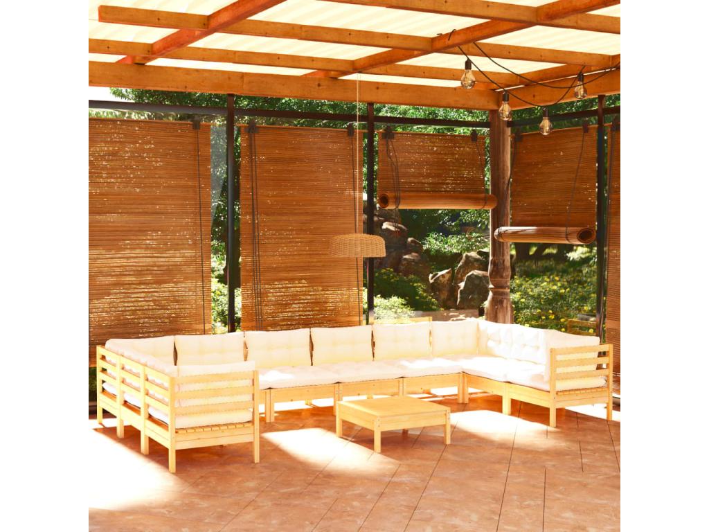 Salon de jardin 11 pcs avec coussins crème bois de pin TQUQ69205
