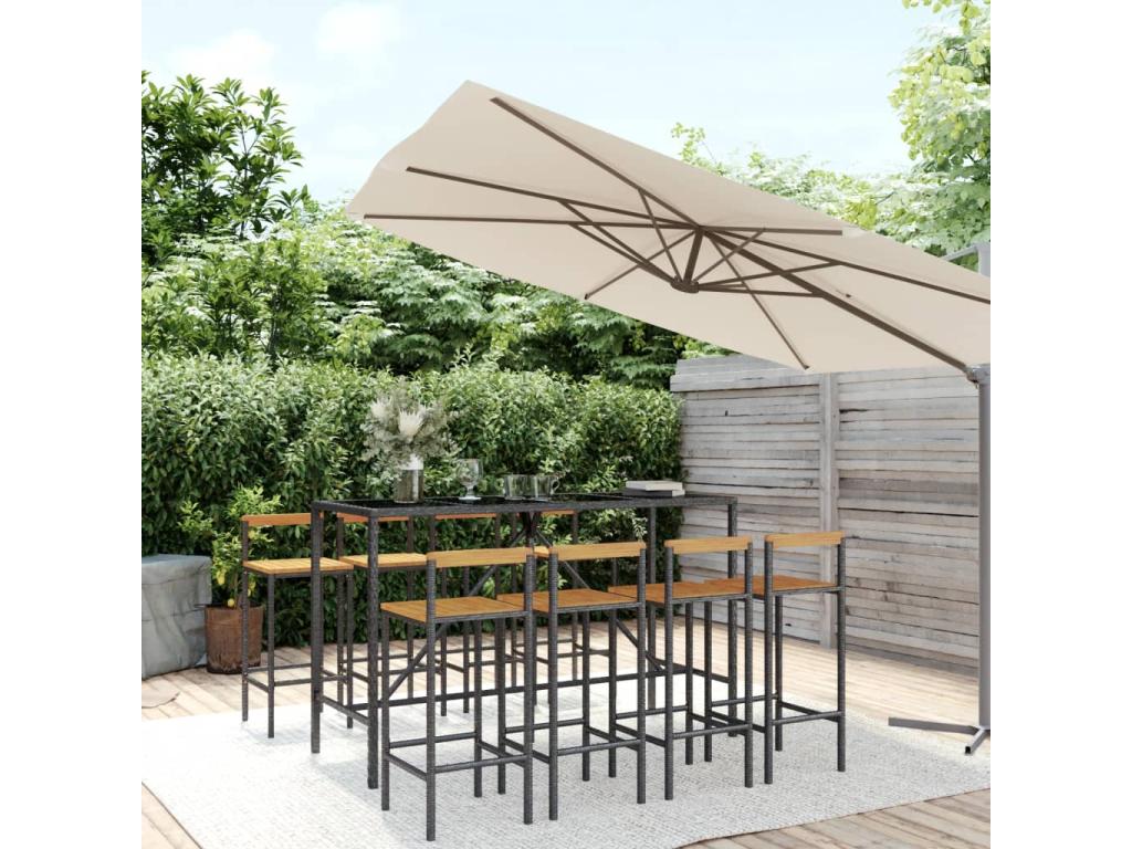 Ensemble de bar jardin 9 pcs noir poly rotin-bois massif Artigeo NZLC14141
