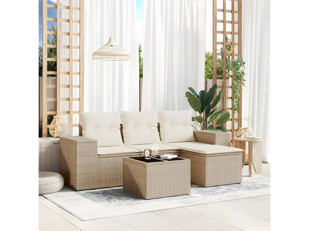 Salon de jardin avec coussins 5 pcs beige résine tressée HOZZ21483
