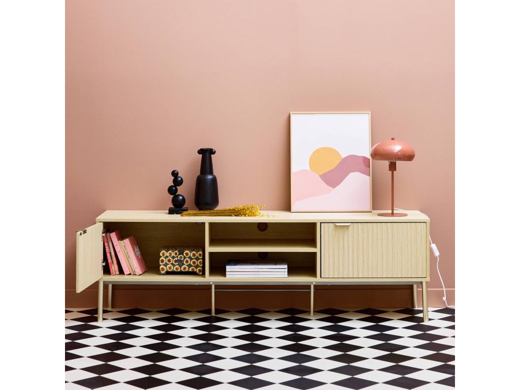 Meuble TV décor bois rainuré et métal champagne- 2 portes 160cm YWVK36996