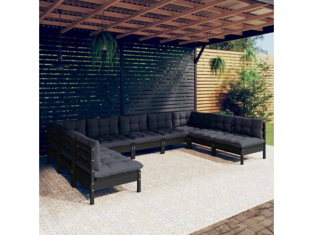 Salon de jardin 9 pièces avec coussins Noir Bois de pin solide KUDZ67278