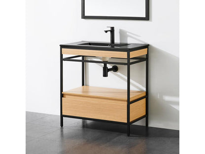 Meuble salle de bain UNIK largeur 80 cm en métal noir avec vasque céramique noire HCYZ16098