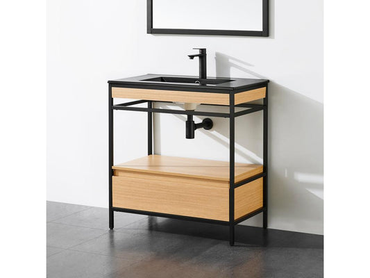 Meuble salle de bain UNIK largeur 80 cm en métal noir avec vasque céramique noire HCYZ16098