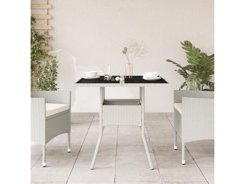 Table de jardin dessus en verre blanc 80x80x75cm résine tressée FMGT28073