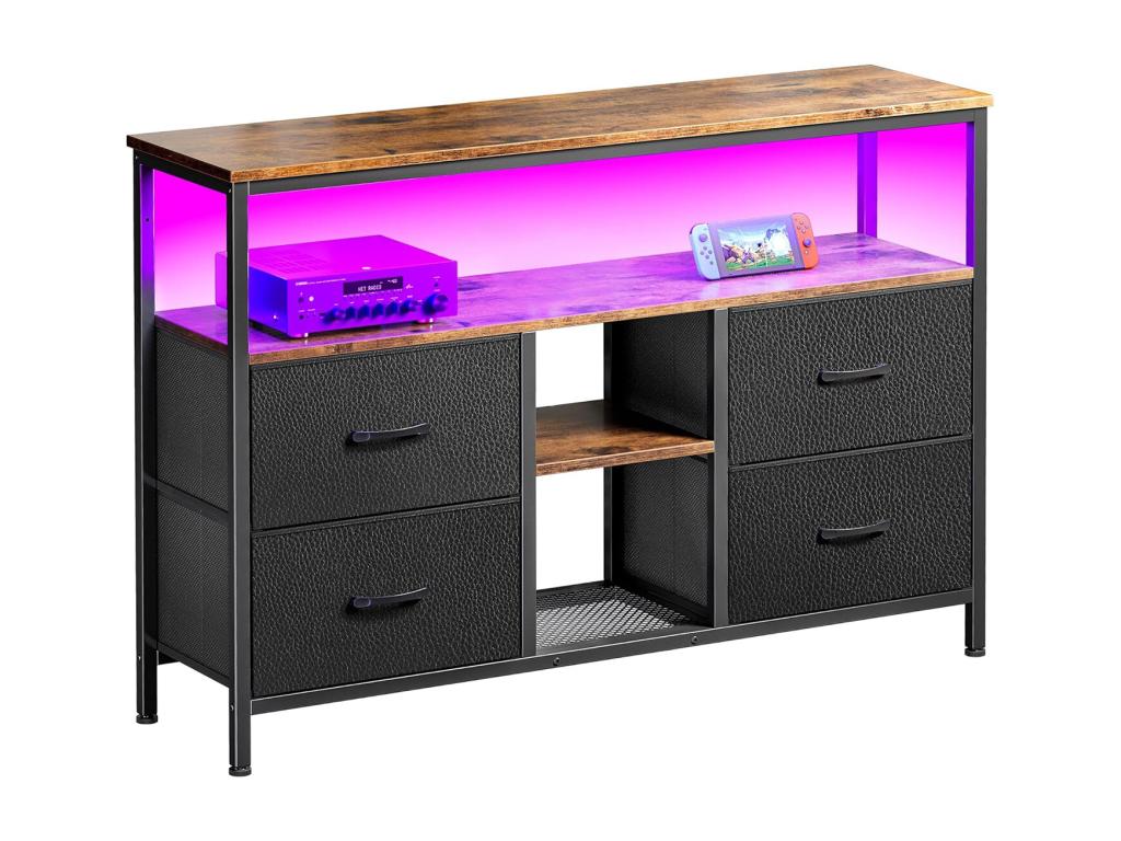 Meuble TV LED 137x30x78cm - 4 tiroirs 2 compartiments et étagère - tissu cuir et métal noir - Noir VDWZ40352