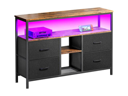 Meuble TV LED 137x30x78cm - 4 tiroirs 2 compartiments et étagère - tissu cuir et métal noir - Noir VDWZ40352