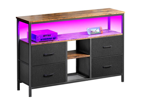 Meuble TV LED 137x30x78cm - 4 tiroirs 2 compartiments et étagère - tissu cuir et métal noir - Noir VDWZ40352