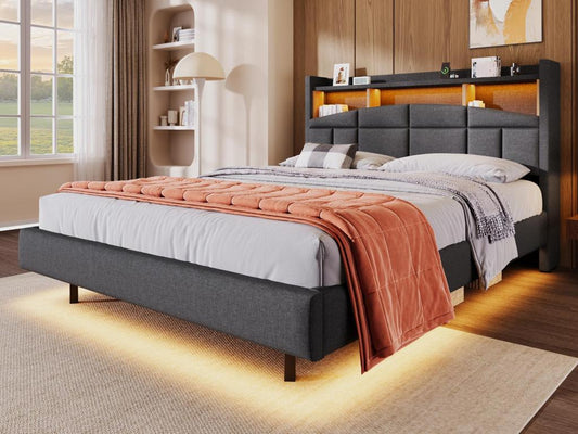 Lit capitonné en lin - 140x200 cm - tête de lit avec étagère / LED / prises - Gris SREG19728