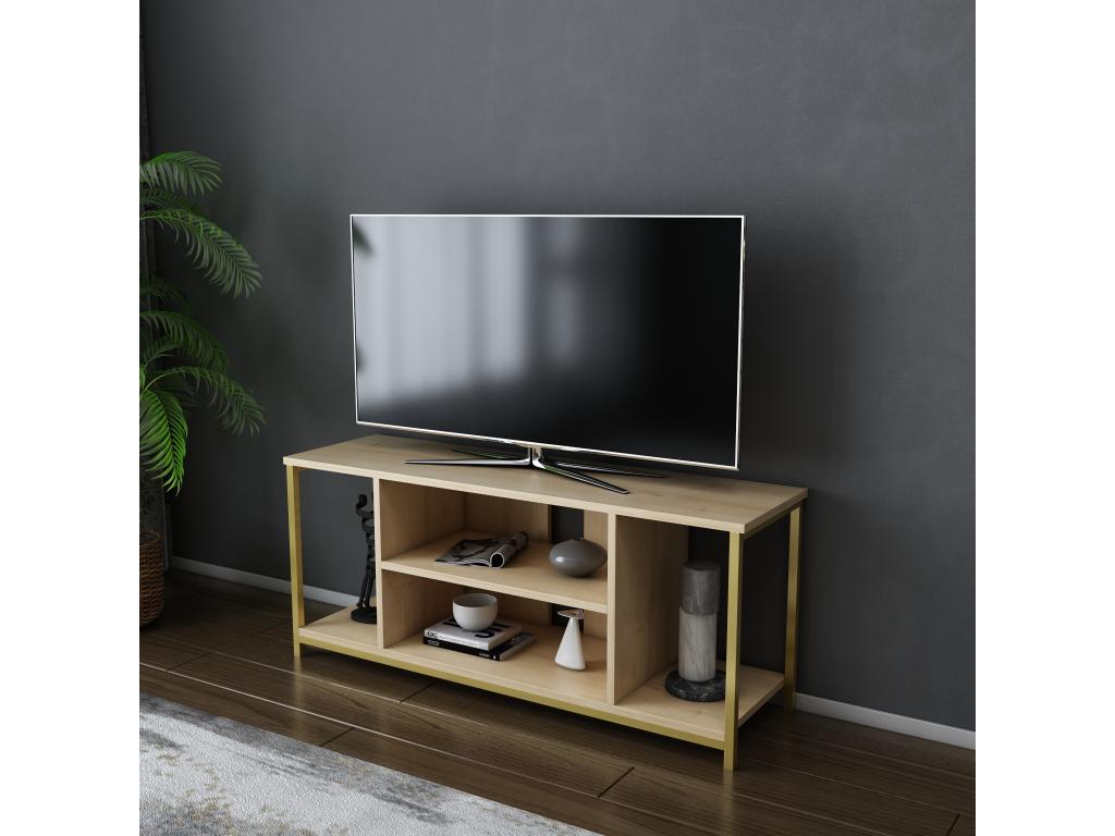 Meuble TV Artigeo de 120 cm avec niches cadre en métal Doré et Chêne NCLW69475