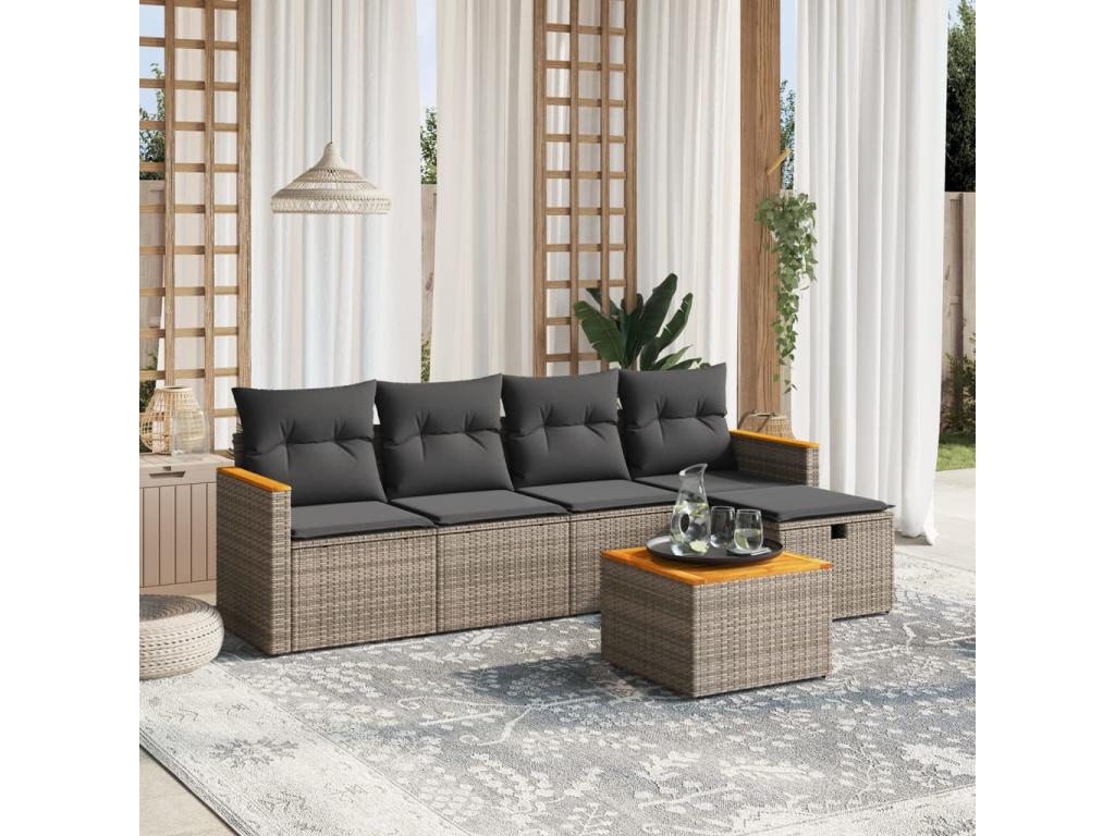 Salon de jardin 6 pcs avec coussins gris résine tressée VNMJ57625