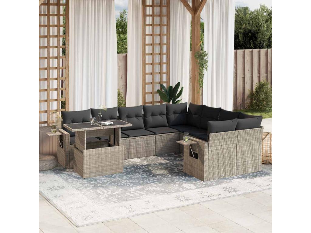 Salon de jardin avec coussins 10 pièces gris clair résine tressée MFZM42476