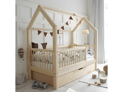 Lit cabane 90x190 barrière sommier et tiroir inclus Florie Bois YZUT19466