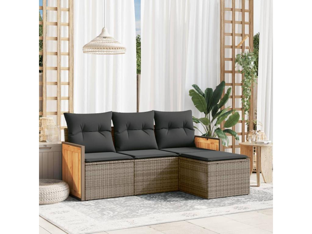 Salon de jardin 4 pcs avec coussins gris résine tressée ZIKY86228