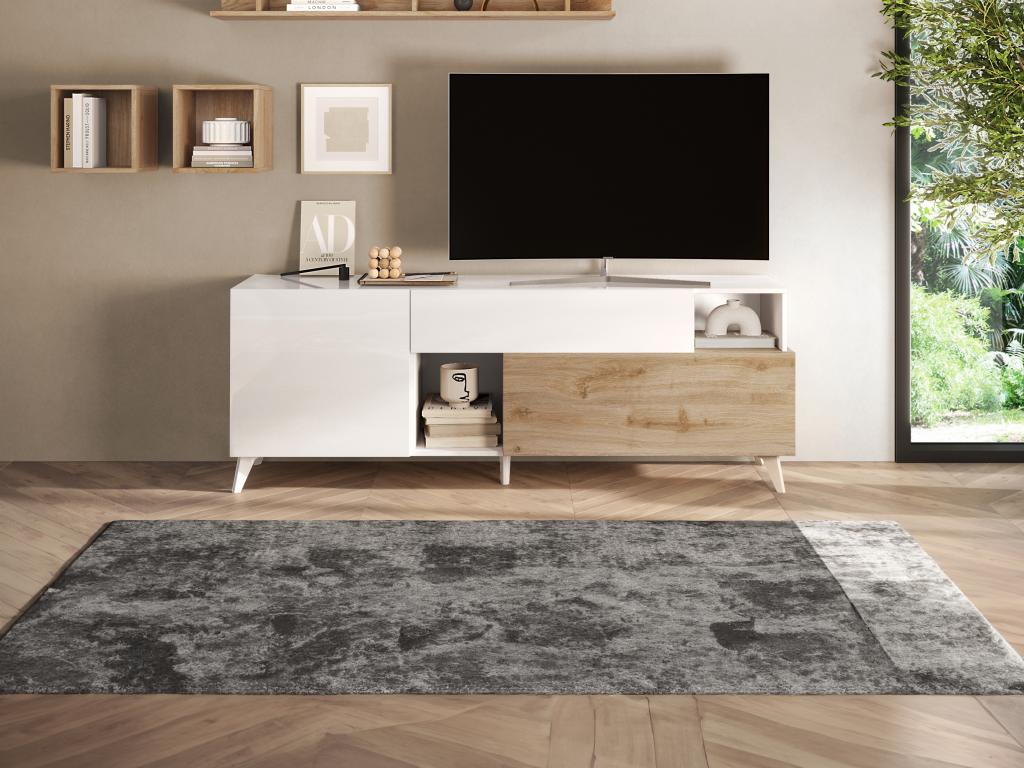 Meuble TV avec 2 portes 1 tiroir et 2 niches - 181 cm - Blanc laqué et naturel - Artigeo YPVC87766