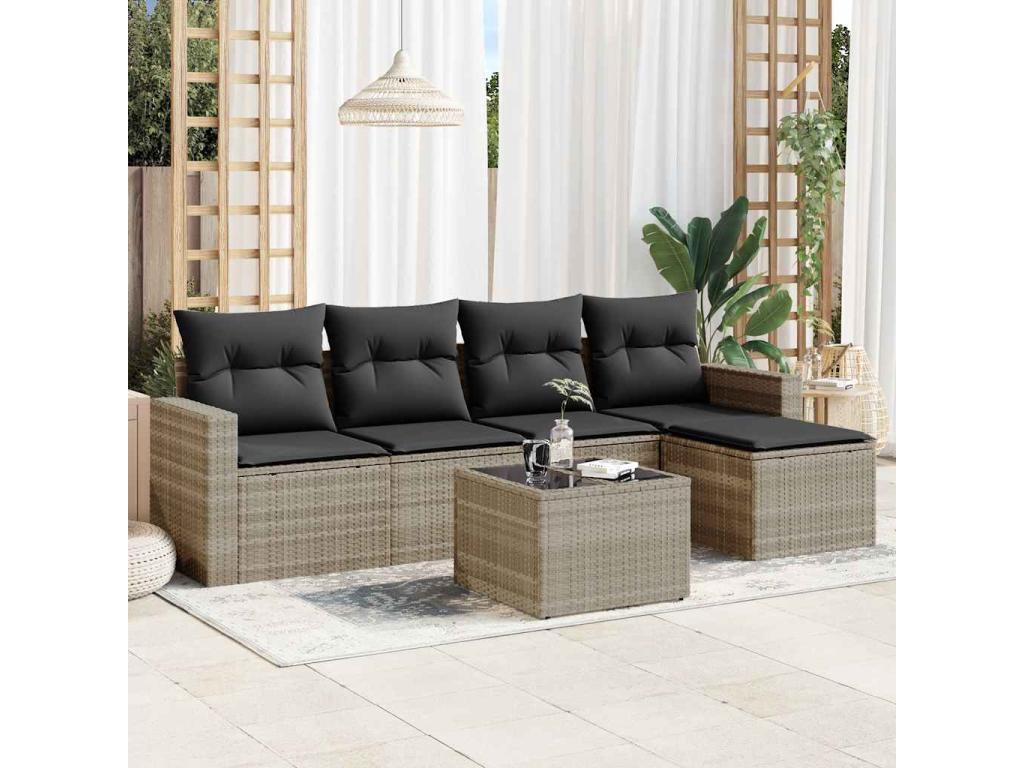 Salon de jardin 6 pcs avec coussins gris clair résine tressée SZLH22898
