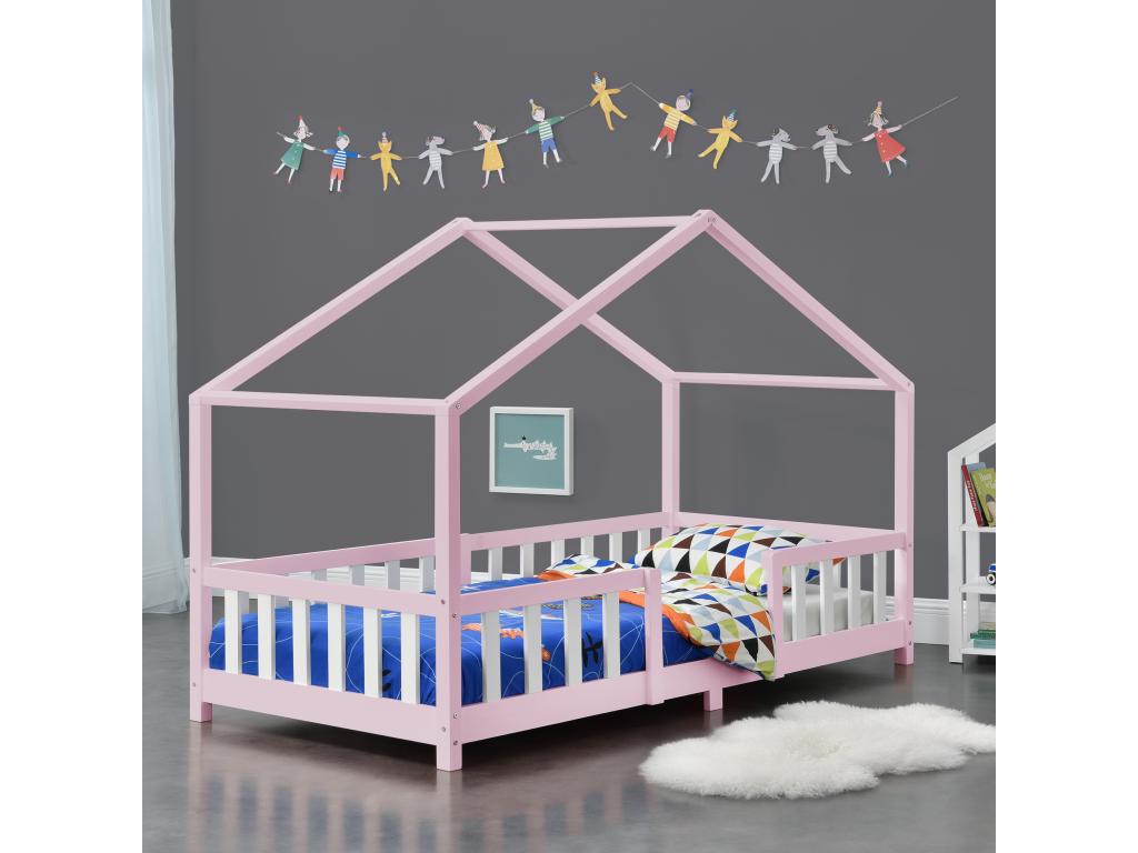 Lit d'Enfant Forme Maison avec Grille de Protection Chezlova 200x90 cm Rose Blanc Mat Laqué Chezlova UEEE52018