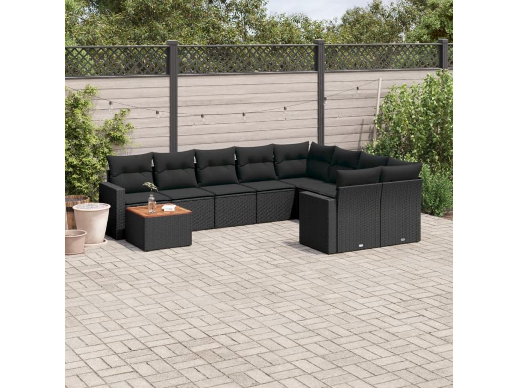 Salon de jardin 10 pcs avec coussins noir résine tressée ROGP31632