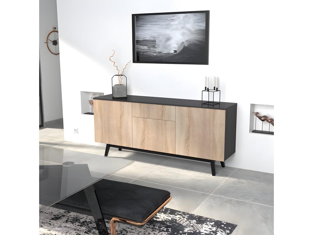 Bahut HOME 3 portes 1 tiroir / Décor Noir et Chêne Blanchi FMIJ83654