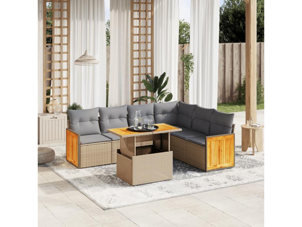 Salon de jardin avec coussins 7 pièces beige résine tressée ZKID33666