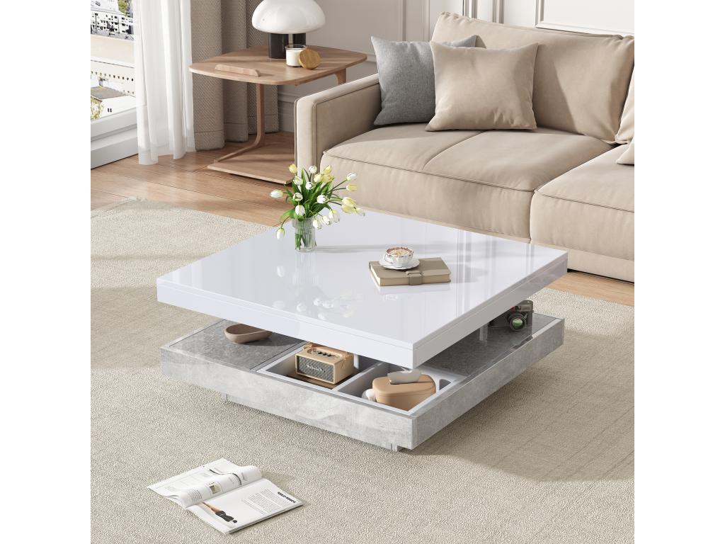 Table basse carrée avec 4 compartiments et plateau pivotant - 70x70x36 cm - Panneaux de particules - Blanc PGSA79648