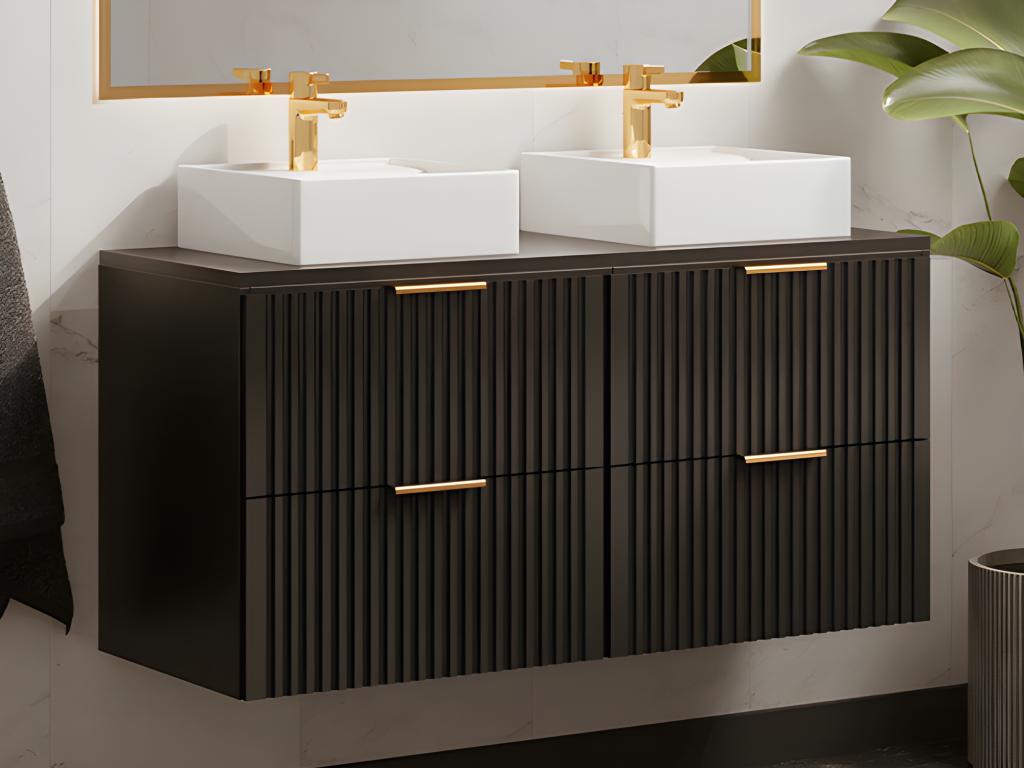 Meuble de salle de bain suspendu strié avec vasque à poser - Noir - L120 cm - Artigeo MFTM36396