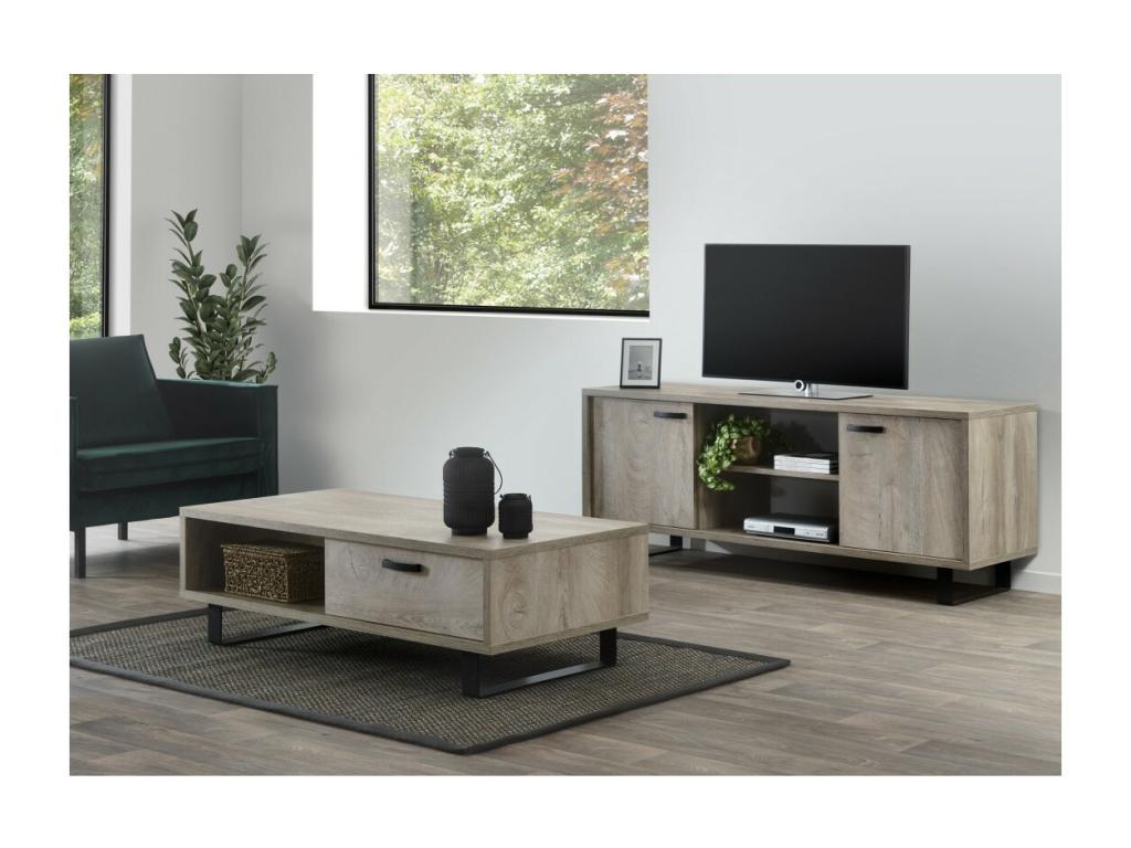 Meuble TV 170cm coloris chêne clair avec 2 tiroirs et 2 niches collection Artigeo- Pieds en métal RJEN34380