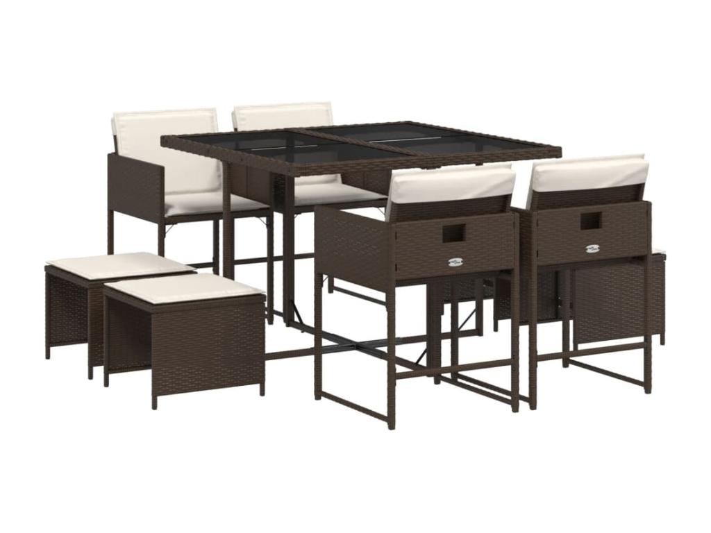 Ensemble à manger de jardin et coussins 9 pièces marron poly rotin NCIE08941