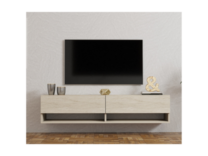 Meuble TV suspendu 2 portes abattantes décor travertin L141 cm - Artigeo CPGK36121