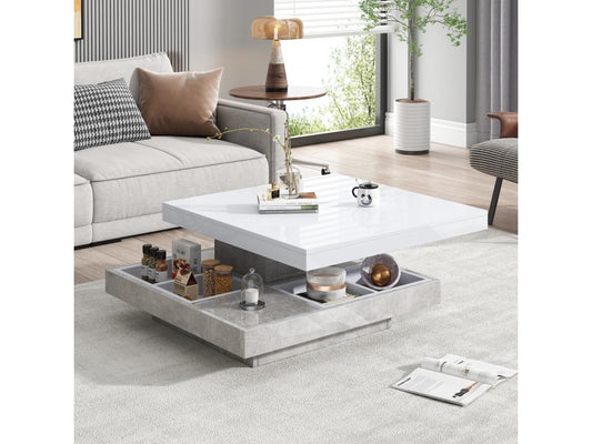 Table basse carrée avec 4 compartiments et plateau pivotant - 70x70x36 cm - Panneaux de particules - Blanc PGSA79648