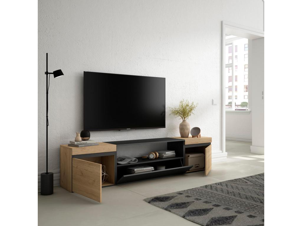 Meuble TV Banc Télé 200x45x35cm Pour les TV jusqu'à 80 Meubles de salon Chêne et noir QFQW72352