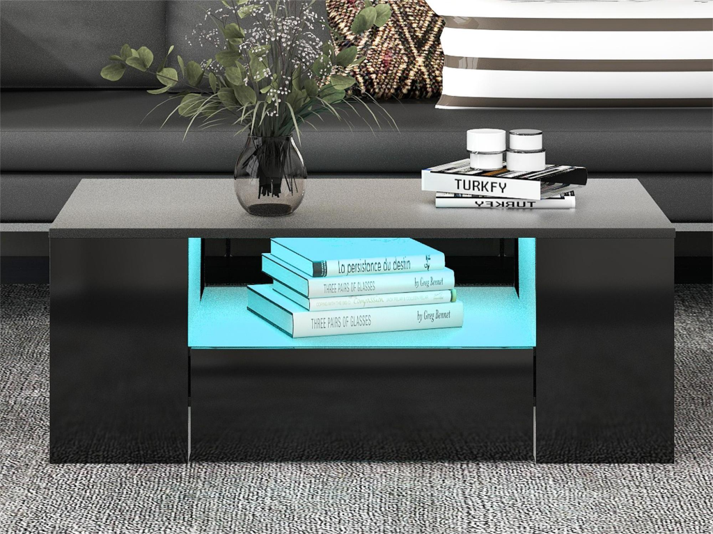 Table Basse Moderne - 2 Tiroirs et 2 Étagères - Panneaux de Particules - LEDs - Noir ZKMS78945