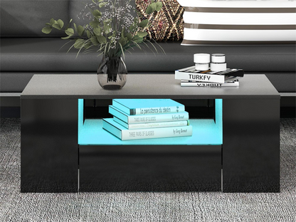 Table Basse Moderne - 2 Tiroirs et 2 Étagères - Panneaux de Particules - LEDs - Noir ZKMS78945