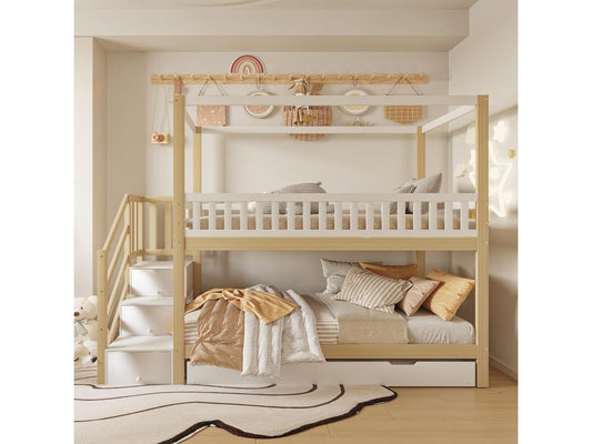 Lits superposés 2x90x200 cm avec lit gigogne 90x190 cm - 3 tiroirs - Pin contreplaqué MDF - Blanc et bois sans matelas ADTP51738