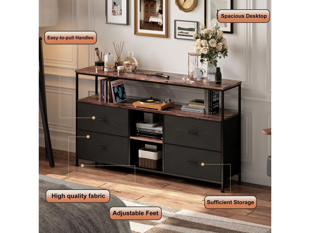 Meuble TV LED 137x30x78cm - 4 tiroirs 2 compartiments et étagère - tissu cuir et métal noir - Noir VDWZ40352