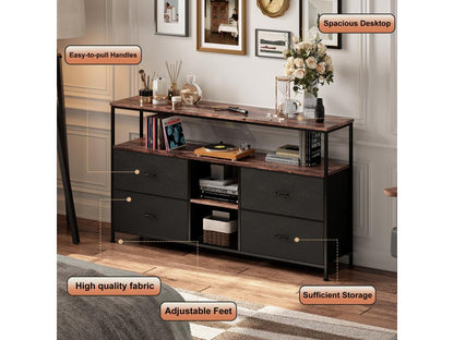 Meuble TV LED 137x30x78cm - 4 tiroirs 2 compartiments et étagère - tissu cuir et métal noir - Noir VDWZ40352