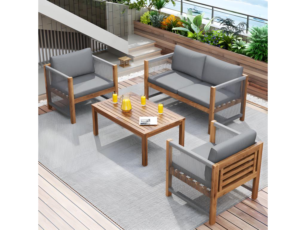 Salon de jardin en acier 4 places - canapé、2 fauteuils et table basse - en corde tressée et bois d'Cosymeub - Gris VGVG21775