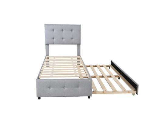 Lit gigogne 90x190/200 cm - tête de lit réglable - tissu lin - pour enfants - gris CYPY32160