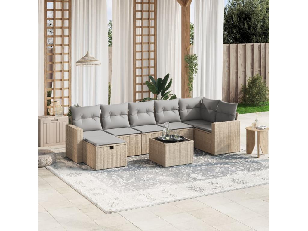 Salon de jardin avec coussins 8 pièces méCosymeub beige résine tressée VGCM34426
